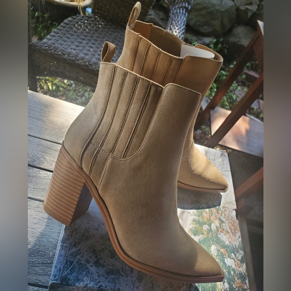 Tan suede block heeled booties